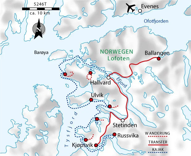 Karte der Kajaktour in Nordnorwegen Karte der Kajaktour in Nordnorwegen